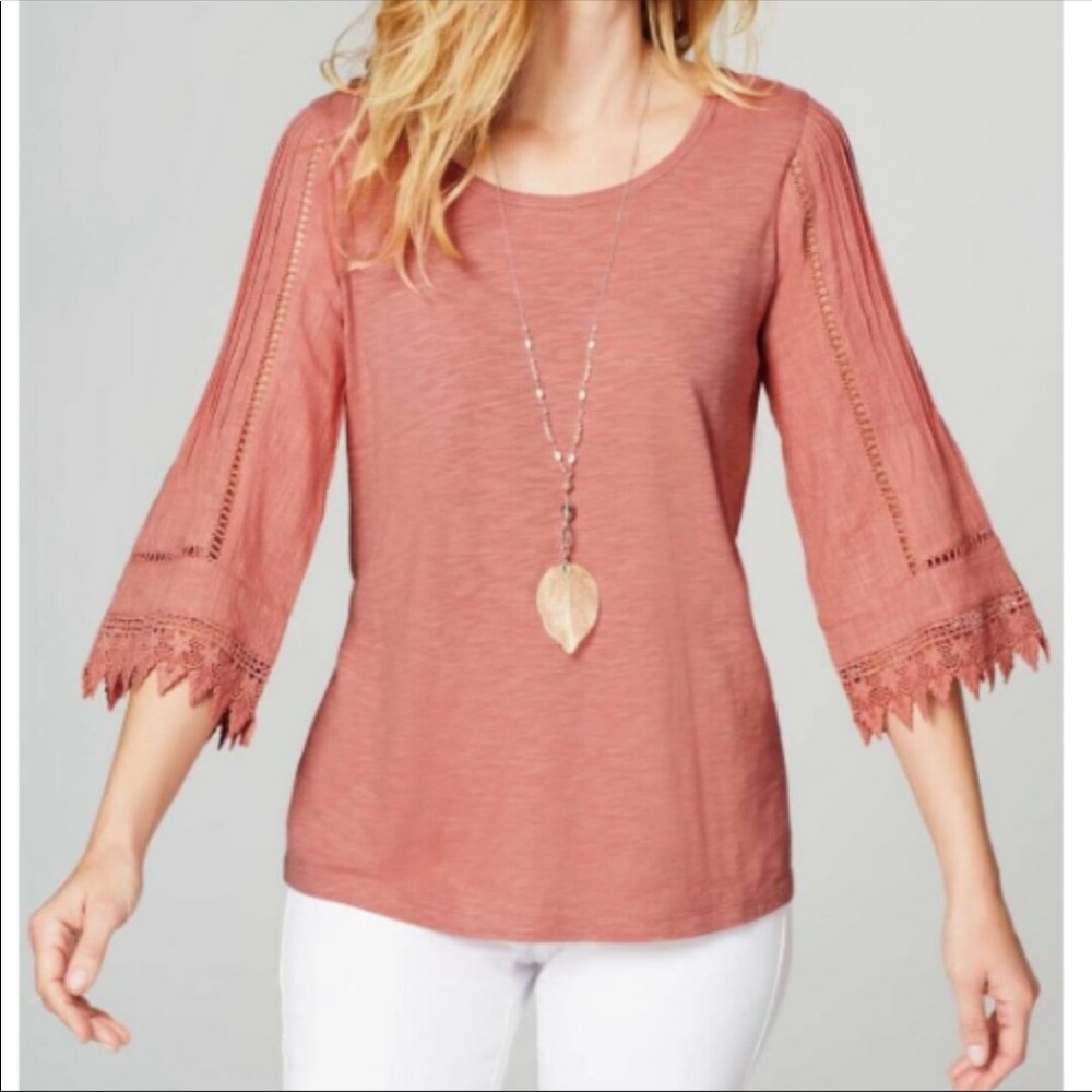J. Jill Pintucked lace sleeves Top Cotton Modal Sz L